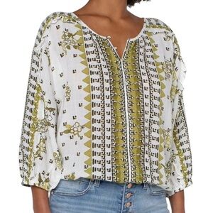 Liverpool White Boho Raela Ruffle Dolman Sleeve Popover Blouse Med White Green